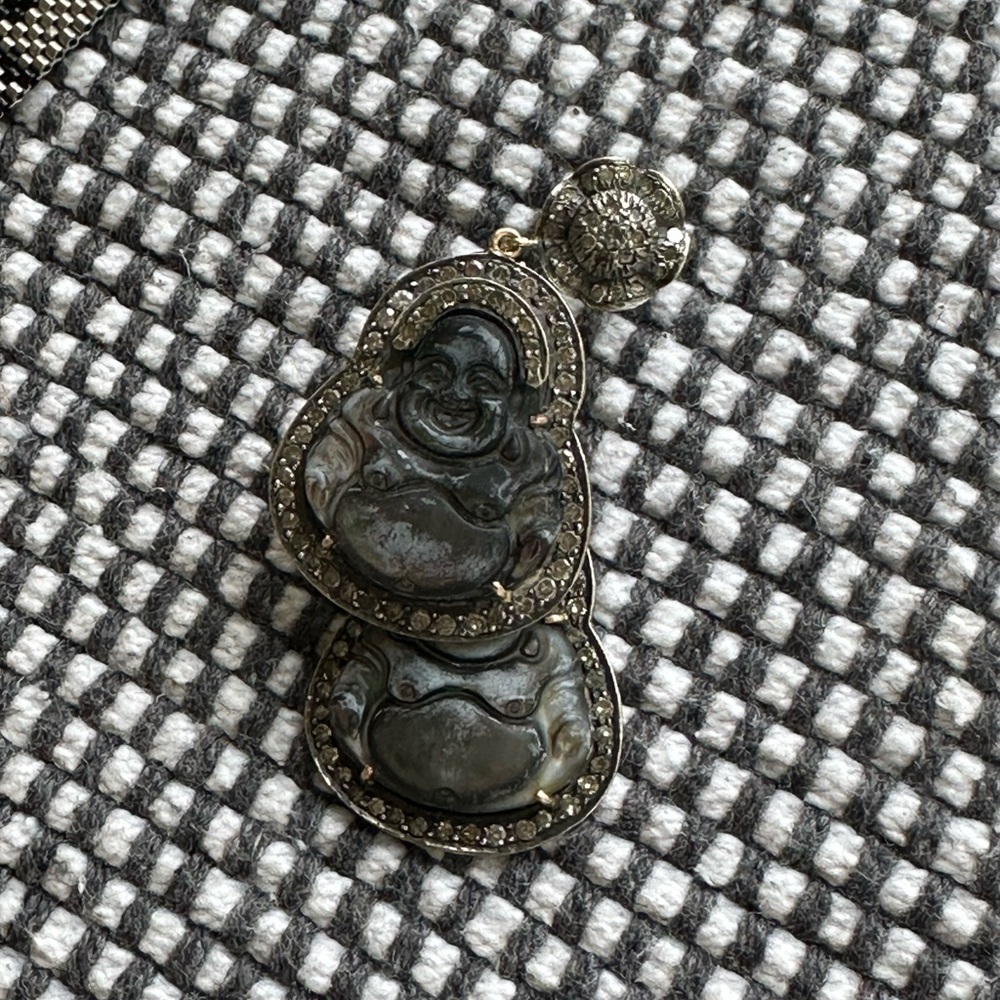 Abalone Buddha Drop Earrings - Iridescent Green Gold Accents - Picture 3 of 4